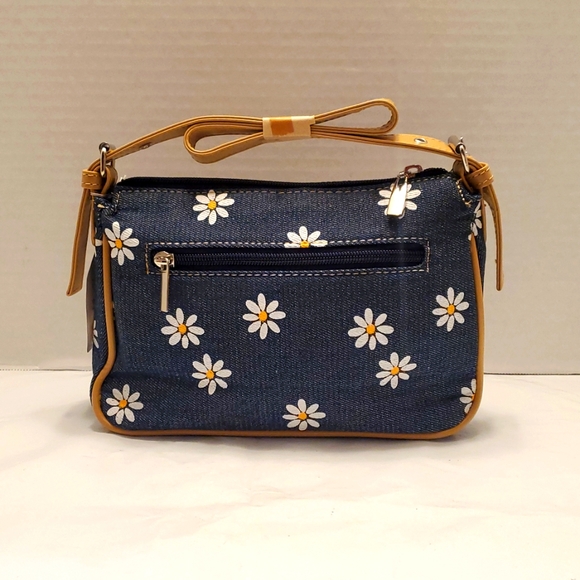 Floral Denim Shoulder Bag with Tan Accents - Picture 2 of 5